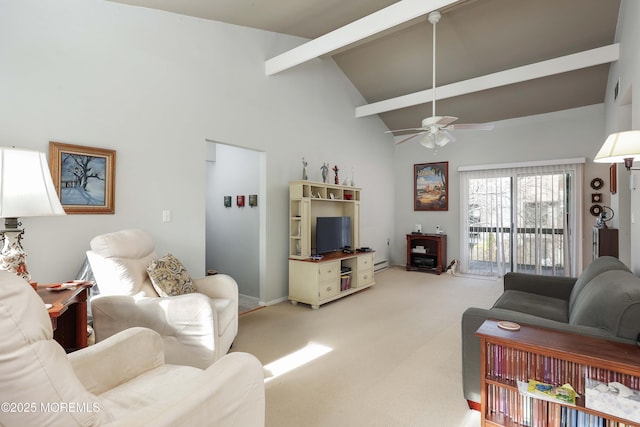 carpeted living room with beam ceiling, high vaulted ceiling, and ceiling fan