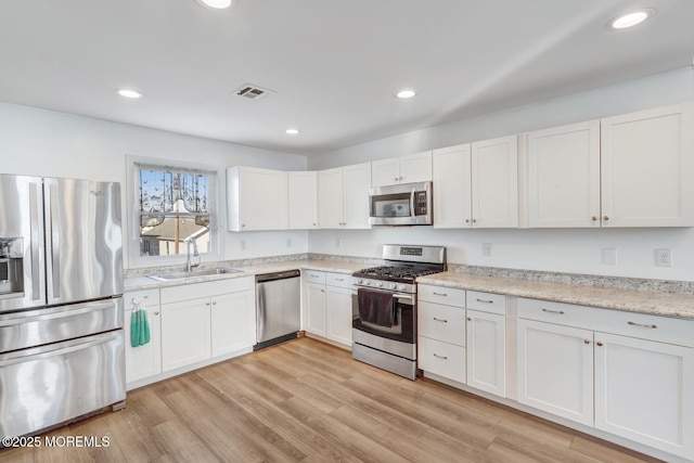 kitchen featuring white cabinetry, stainless steel appliances, sink, and light wood-type flooring