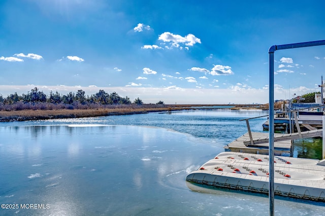 property view of water with a dock