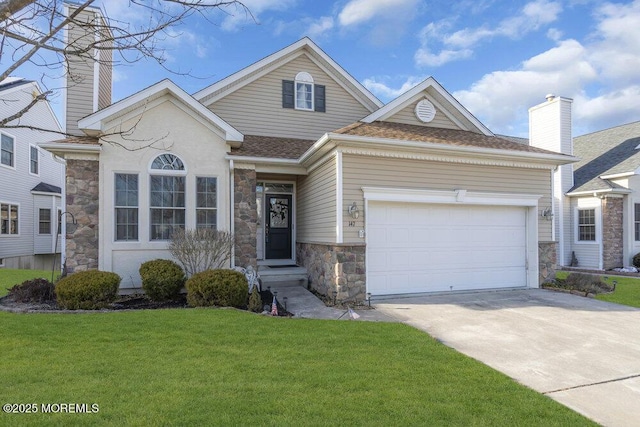 view of front of home featuring a garage and a front lawn