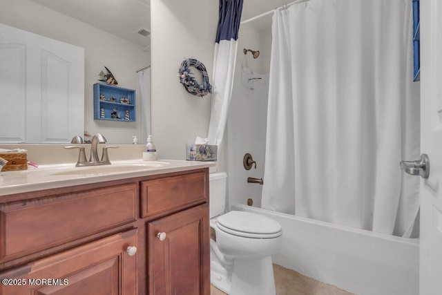 full bathroom featuring vanity, toilet, and shower / bathtub combination with curtain