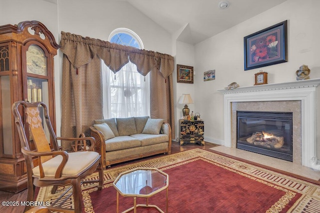 living room featuring lofted ceiling and hardwood / wood-style floors