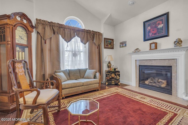 living room featuring hardwood / wood-style flooring and lofted ceiling