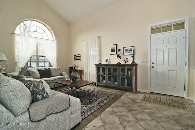 living room with hardwood / wood-style flooring and high vaulted ceiling