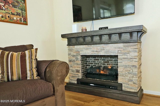 interior details featuring hardwood / wood-style flooring and a fireplace