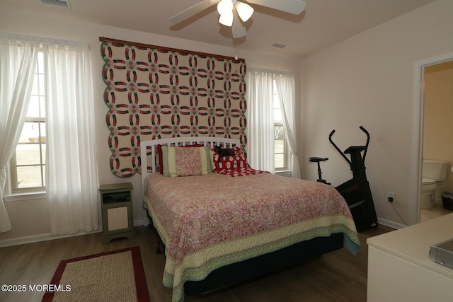 bedroom with hardwood / wood-style flooring and ceiling fan