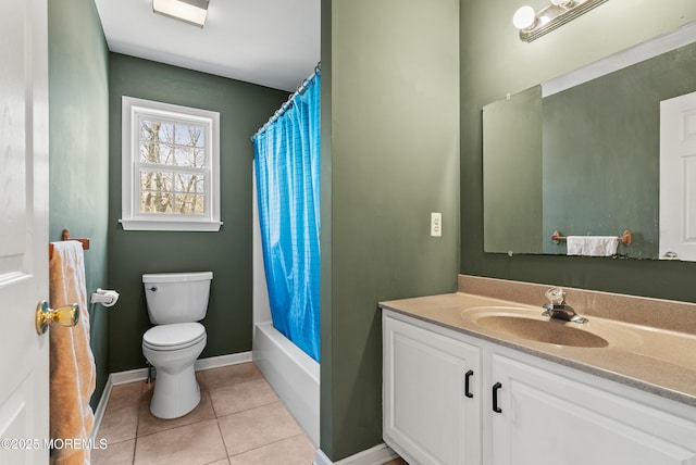 full bathroom featuring toilet, vanity, shower / bathtub combination with curtain, and tile patterned flooring