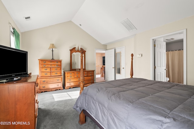 bedroom featuring lofted ceiling and carpet floors