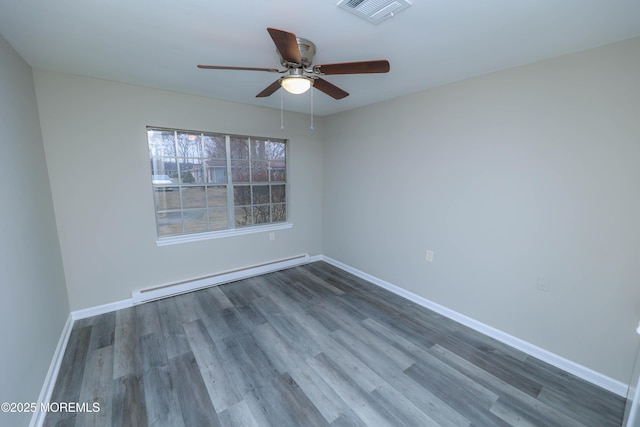 unfurnished room with hardwood / wood-style floors, a baseboard radiator, and ceiling fan