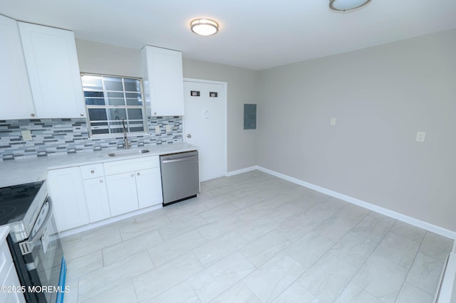 kitchen with white range with electric stovetop, tasteful backsplash, sink, white cabinets, and stainless steel dishwasher