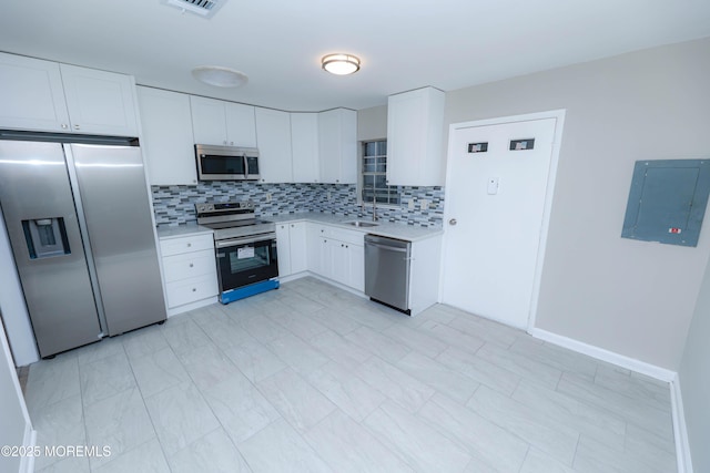 kitchen featuring sink, appliances with stainless steel finishes, white cabinetry, electric panel, and tasteful backsplash