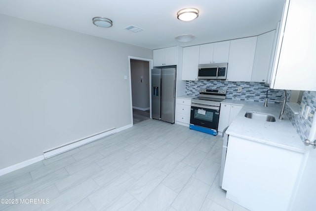 kitchen with sink, baseboard heating, appliances with stainless steel finishes, backsplash, and white cabinets