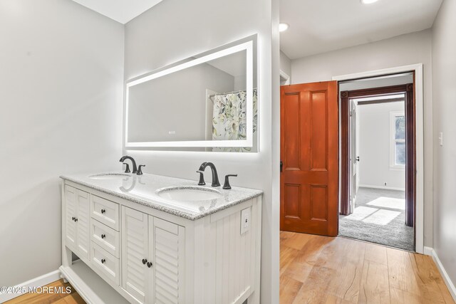 bathroom featuring vanity and hardwood / wood-style floors