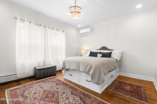 bedroom with dark wood-type flooring, crown molding, and a wall mounted AC