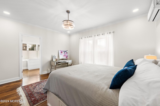 bedroom featuring dark wood-type flooring, a notable chandelier, ornamental molding, and an AC wall unit