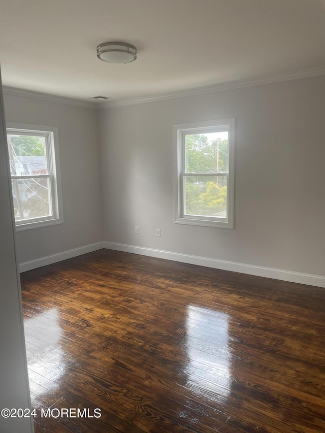 empty room featuring dark wood-type flooring and ornamental molding