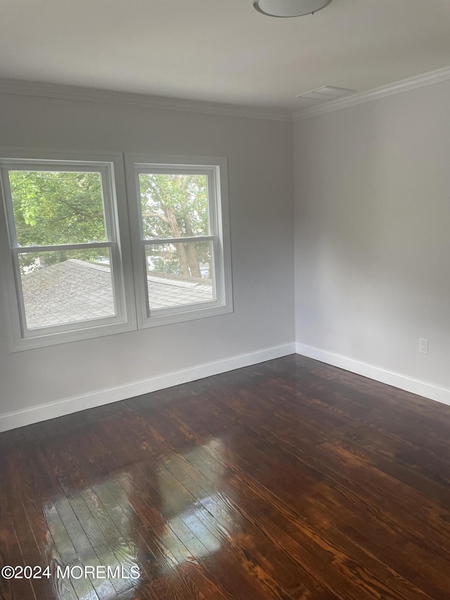 spare room with dark wood-type flooring, plenty of natural light, and ornamental molding