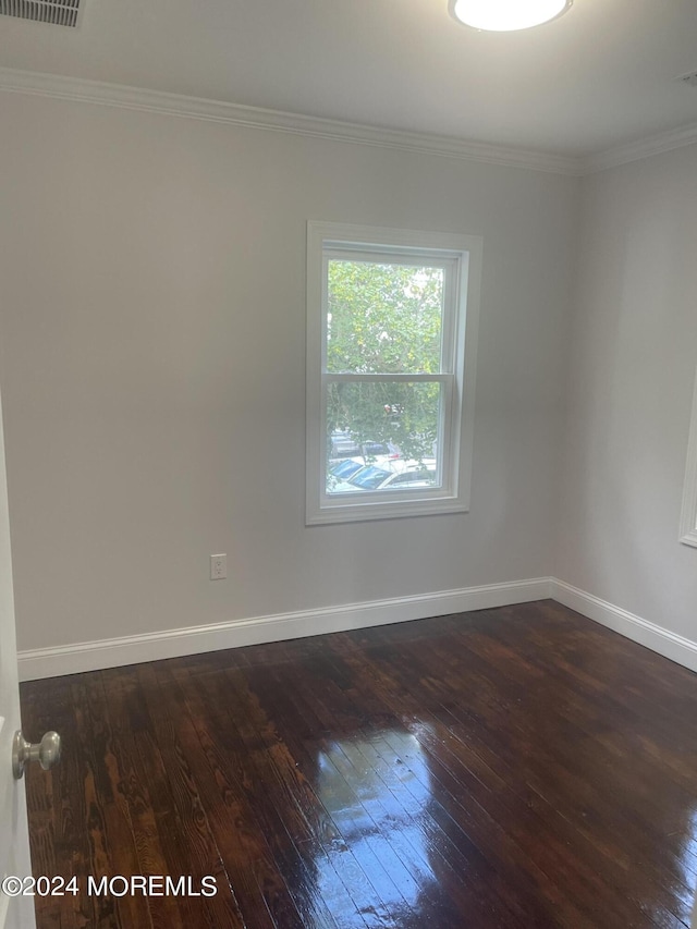 spare room featuring ornamental molding and dark hardwood / wood-style flooring