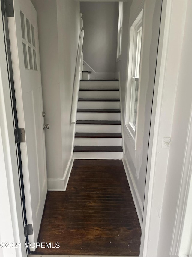 stairs featuring hardwood / wood-style floors