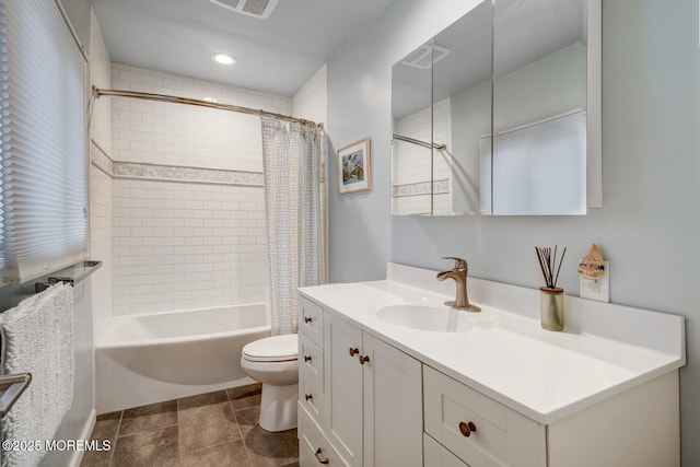 full bathroom with vanity, toilet, and shower / bathtub combination with curtain