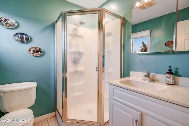 bathroom with tile patterned flooring, vanity, a shower with shower door, and toilet