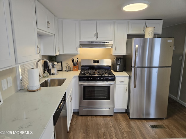 kitchen featuring sink, dark wood-type flooring, stainless steel appliances, and white cabinets