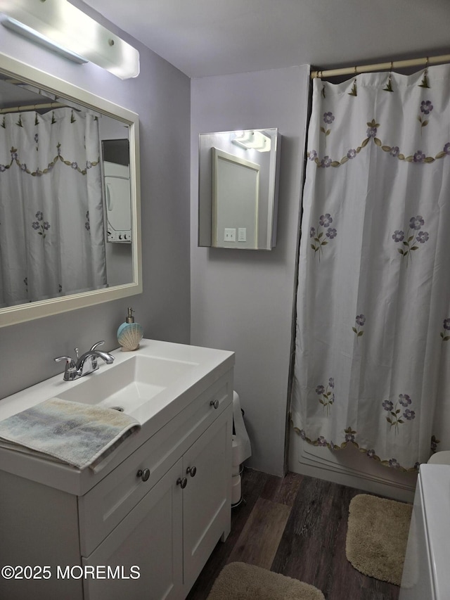 2300 Massachusetts Ave Unit 42, Toms River, NJ 08755 - bathroom featuring shower / bath combo, wood-type flooring, and vanity