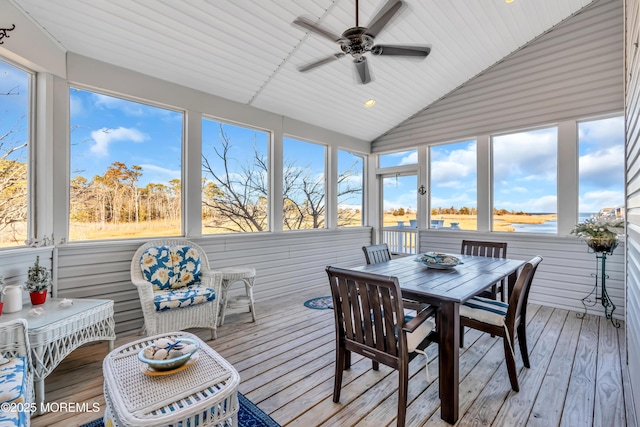 sunroom featuring lofted ceiling, wooden ceiling, ceiling fan, and a water view