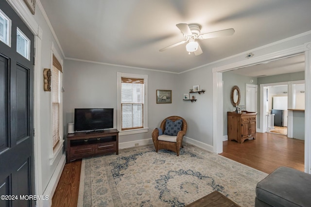 living room with crown molding, dark wood-type flooring, and ceiling fan