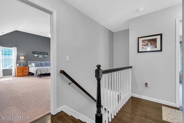 stairway featuring lofted ceiling and carpet