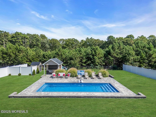 view of pool featuring a lawn, a patio area, and a storage shed