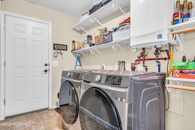 laundry room with washing machine and clothes dryer and water heater