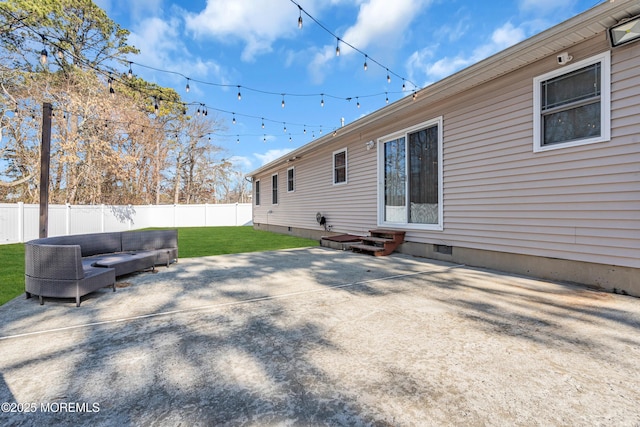 exterior space with outdoor lounge area, a patio, and a lawn