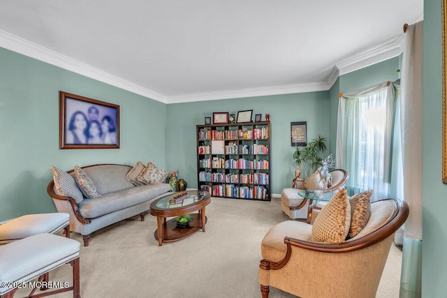 living area with carpet floors, ornamental molding, and baseboards