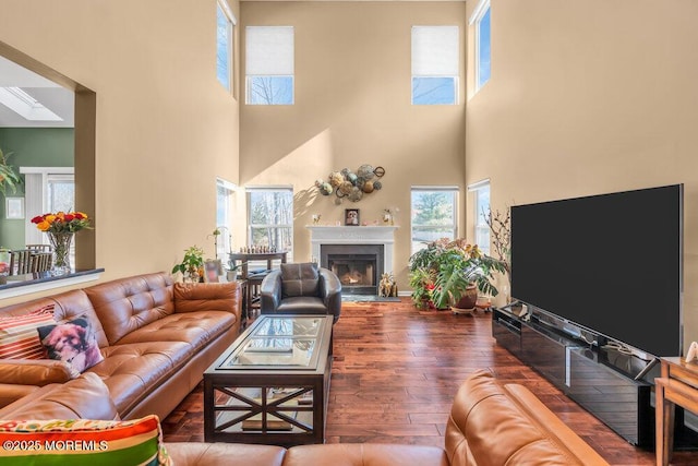 living room with a fireplace with flush hearth, a skylight, and wood finished floors