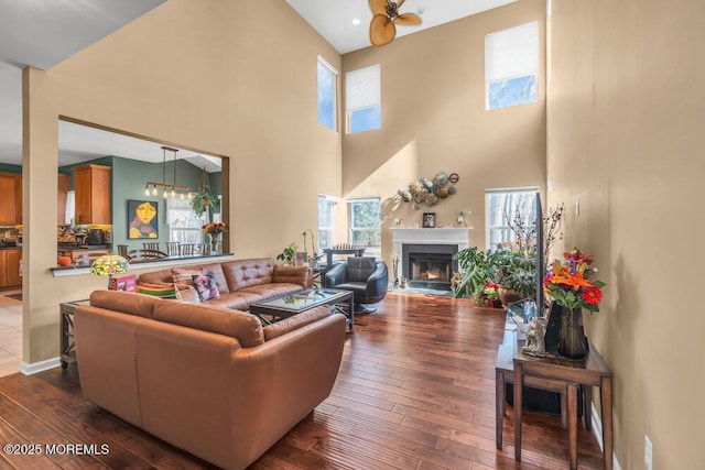 living room with a lit fireplace and dark wood finished floors