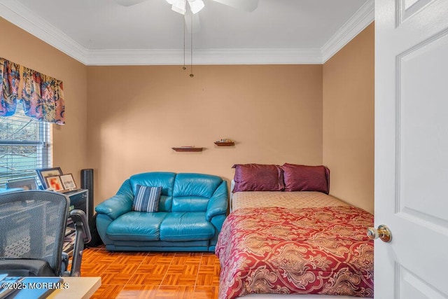 bedroom featuring ornamental molding and a ceiling fan