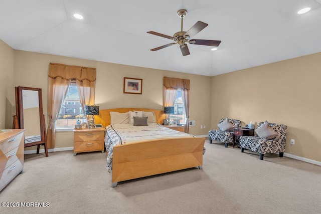 bedroom with carpet, lofted ceiling, baseboards, and recessed lighting