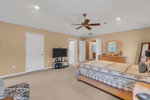 bedroom featuring recessed lighting, carpet flooring, vaulted ceiling, and baseboards