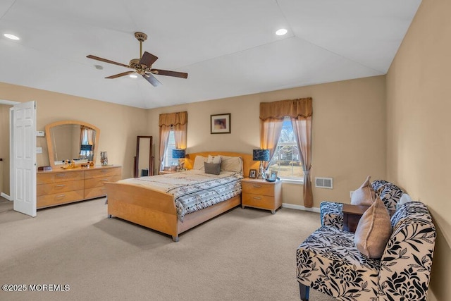 bedroom with recessed lighting, a ceiling fan, light carpet, vaulted ceiling, and baseboards