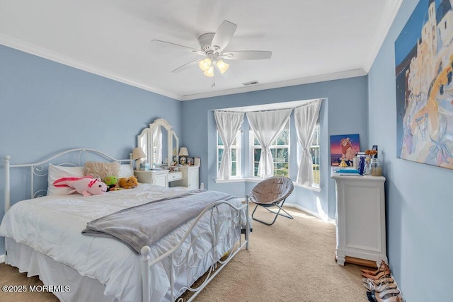 bedroom featuring visible vents, a ceiling fan, crown molding, and light colored carpet