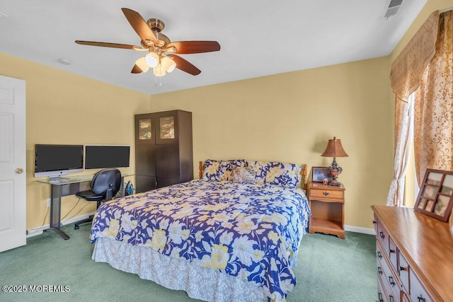 bedroom featuring ceiling fan, dark colored carpet, visible vents, and baseboards