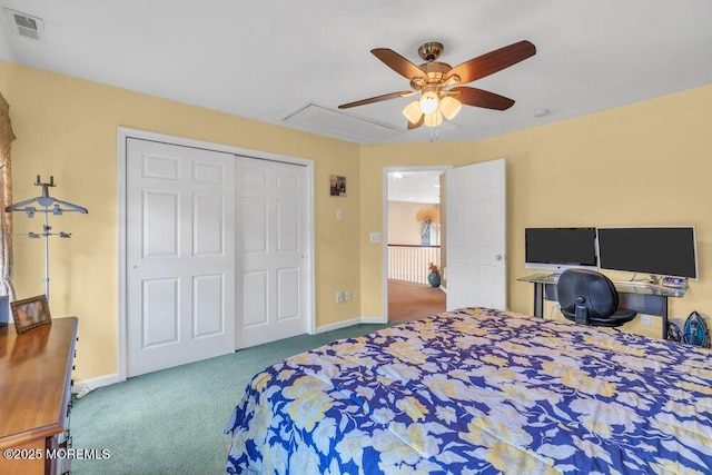 bedroom featuring attic access, a closet, visible vents, and carpet flooring