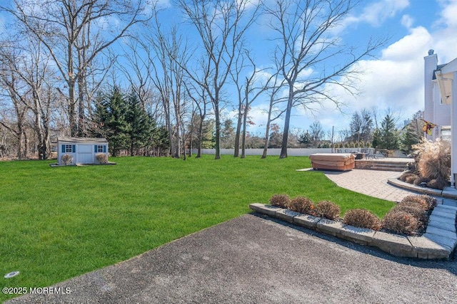 view of yard with a storage shed, a patio area, an outdoor structure, and a jacuzzi