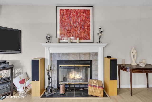 room details with wood-type flooring and a tiled fireplace