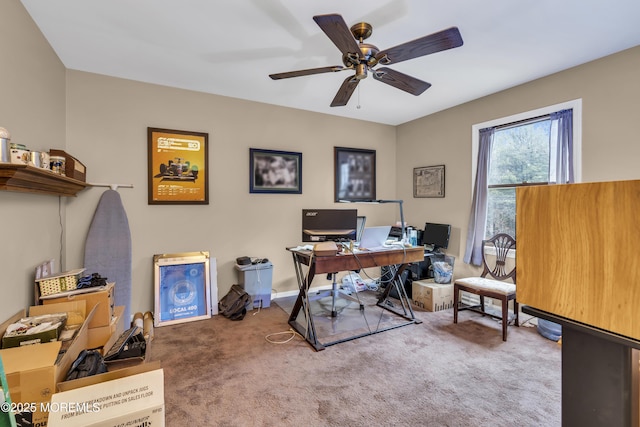 office space with carpet flooring and ceiling fan