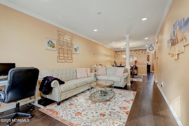 living room featuring baseboards, ornate columns, recessed lighting, dark wood-style flooring, and ornamental molding