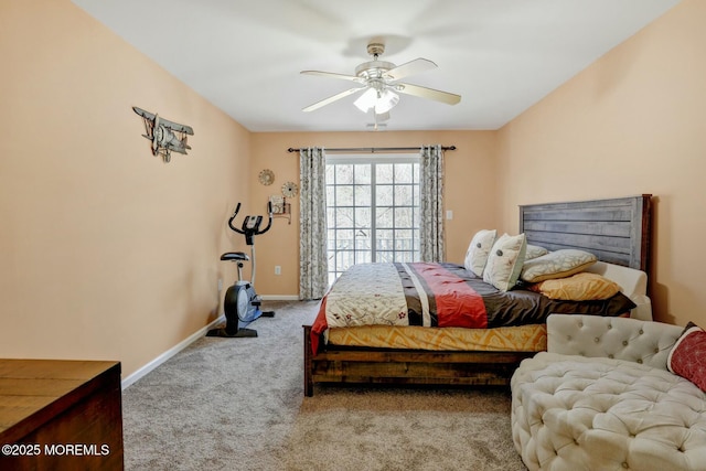 bedroom featuring baseboards, carpet floors, and ceiling fan