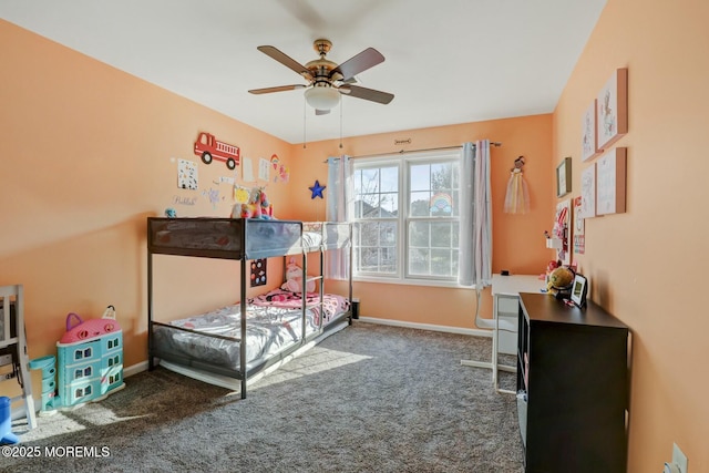 bedroom featuring a ceiling fan, baseboards, and carpet floors