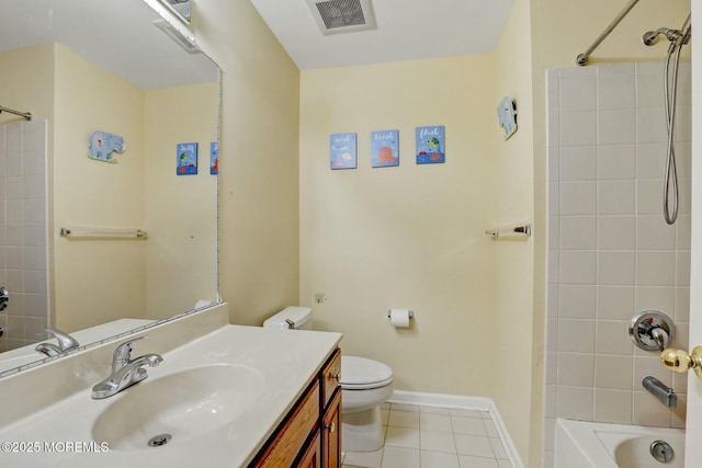 full bath featuring visible vents, toilet, shower / tub combination, tile patterned floors, and vanity